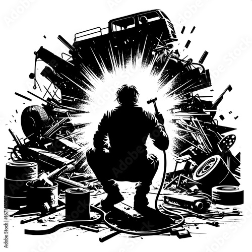 Black and White Vector Silhouette of a Worker with Welding Torch in a Junkyard