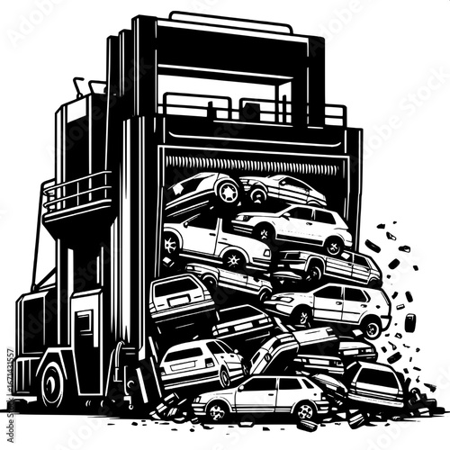 Black and White Vector Silhouette of Crushed Cars in a Junkyard Compactor