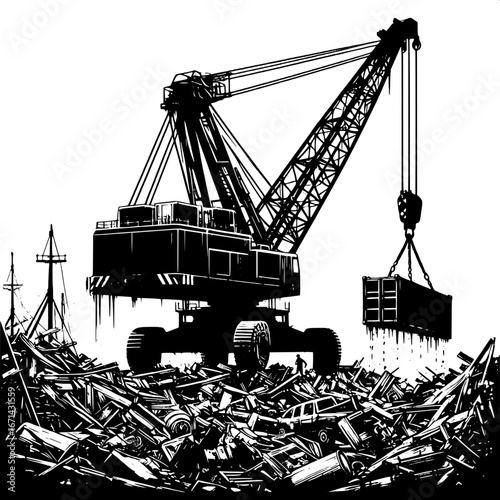 Black and White Vector Silhouette of Cranes Lifting Scrap Metal in a Junkyard