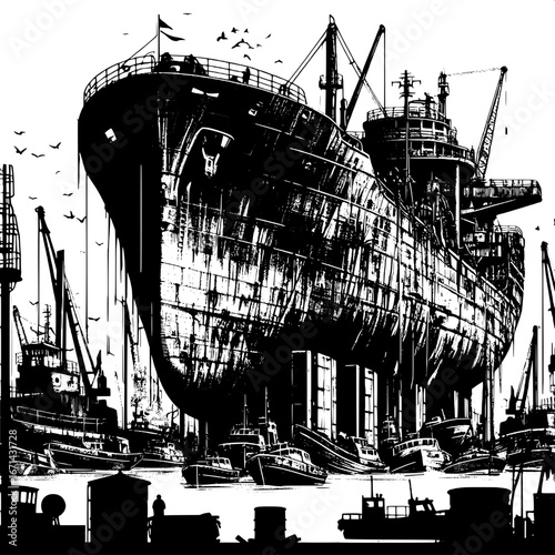 Black and White Vector Silhouette of Ship Parts in a Junkyard