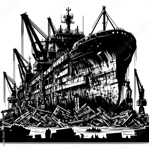 Black and White Vector Silhouette of Ship Parts in a Junkyard