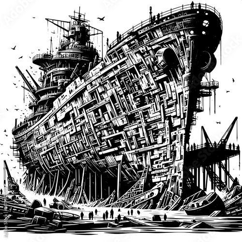 Black and White Vector Silhouette of Ship Parts in a Junkyard