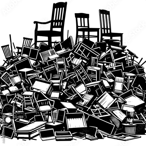 Black and White Vector Silhouette of Broken Furniture in a Junkyard