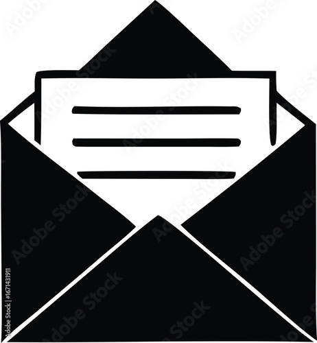 Open envelope with document icon symbol black and white graphic representation of mail communication and correspondence