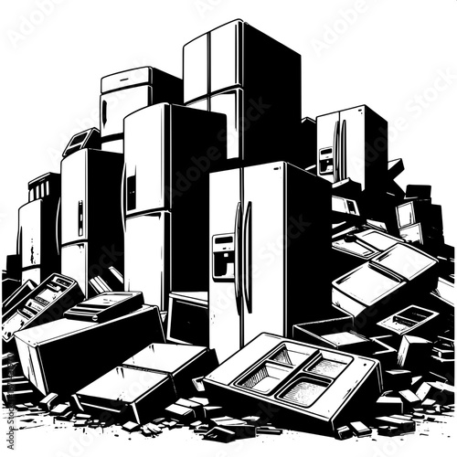 Black and White Vector Silhouette of Old Refrigerators in a Junkyard