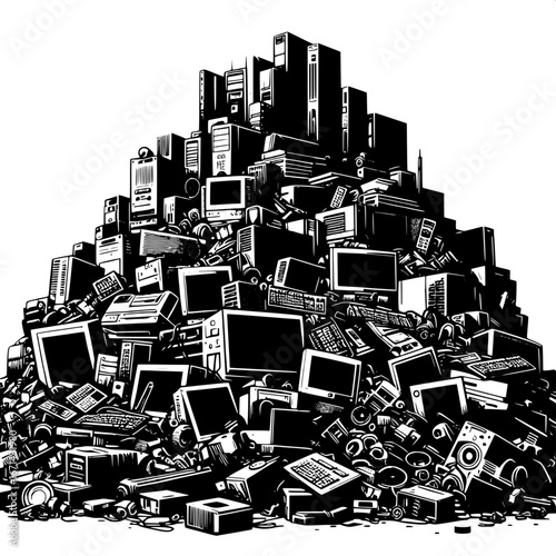 Black and White Vector Silhouette of Electronics Scrap in a Junkyard