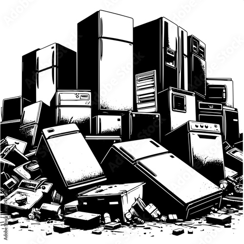 Black and White Vector Silhouette of Old Refrigerators in a Junkyard