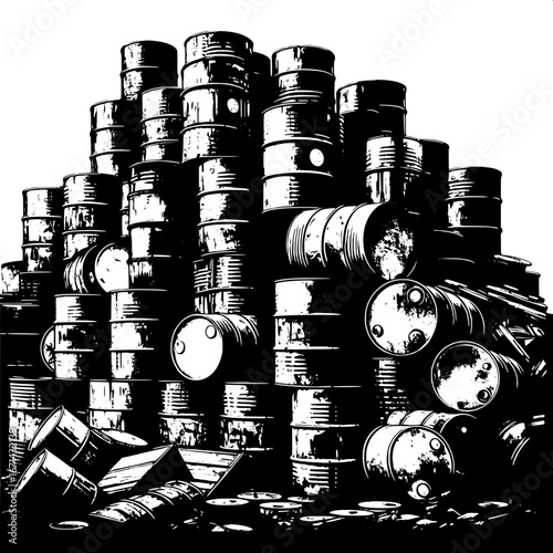 Black and White Vector Silhouette of Oil Drums in a Junkyard