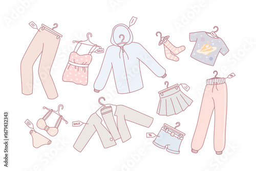 Diverse clothing pieces with discount prices on seasonal sale in shop. Selling fashion garment on promotion or reduced price deals. Stock apparel with tags. Flat vector illustration.