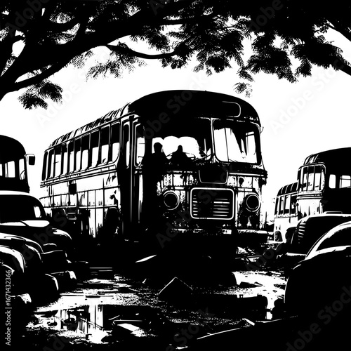 Black and White Vector Silhouette of Buses Parked in a Junkyard