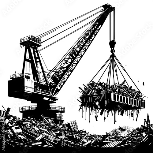 Black and White Vector Silhouette of Cranes Lifting Scrap Metal in a Junkyard