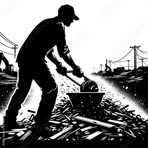 Black and White Vector Silhouette of a Worker Cutting Scrap with Saw in a Junkyard