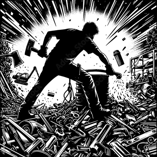 Black and White Vector Silhouette of a Worker Cutting Scrap with Saw in a Junkyard