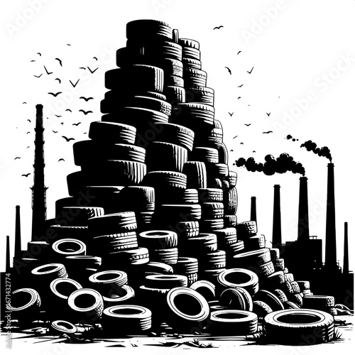 Black and White Vector Silhouette of Tires Piled in a Junkyard