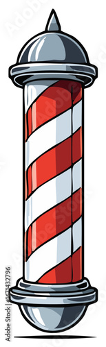 Classic Red and White Barber Pole with Silver Cap and Base Stylized Illustration