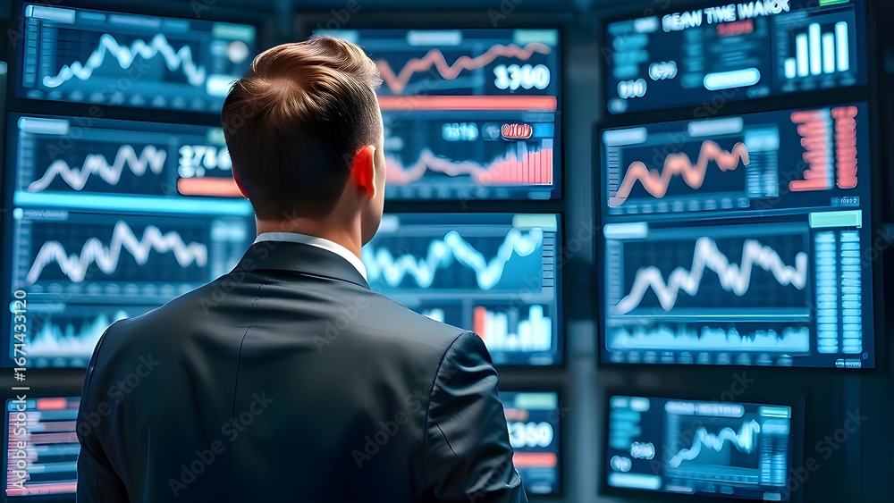 Fototapeta premium A business professional woman watches in front of digital screens (showing from back side only) displaying various market analytics and financial data.