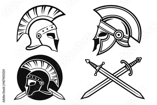 Ancient Spartan Warrior Helmets and Crossed Swords Iconography.