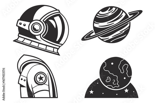 Astronaut Helmet Planet Saturn and Earth Icon Set.