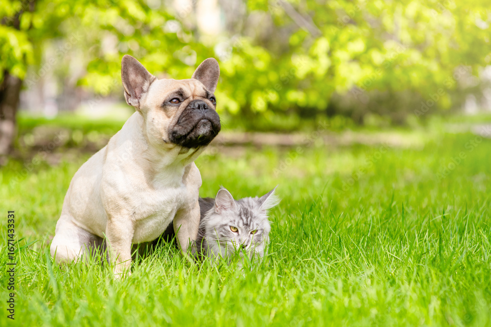Fototapeta premium Young French bulldog and adult Maine coon cat sit together on green summer grass at sunny park. Empty space for text