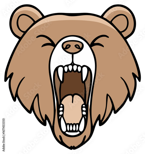 Ferocious grizzly bear head roaring with open mouth and sharp teeth mascot illustration