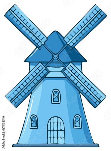Blue windmill illustration with turning sails, generating renewable energy from wind power, symbolic of Dutch landscapes