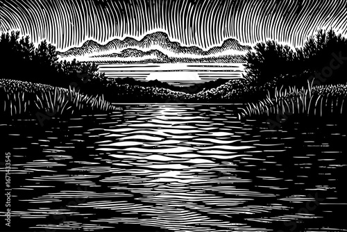 Sunset over desert sea lagoon, warm tones glowing above still waters, rare natural scenery, elegant black and white sketch.