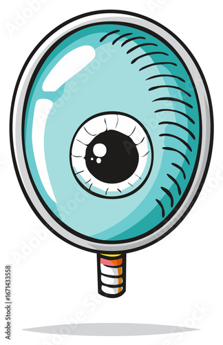 Cartoon Style Eyeball Inside Magnifying Glass with Handle Vector Illustration