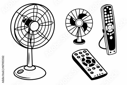 Black and White Illustration of Fans and Remote Controls.
