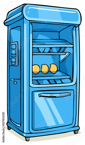 Blue cartoon vending machine offering eggs on shelves retro design automated dispenser