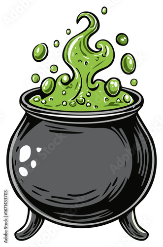 Boiling Green Potion in Witch's Cauldron Cartoon Style Illustration