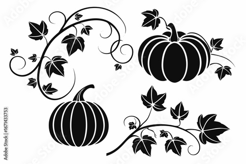 Black Silhouette Pumpkins and Autumn Leaves Swirls.