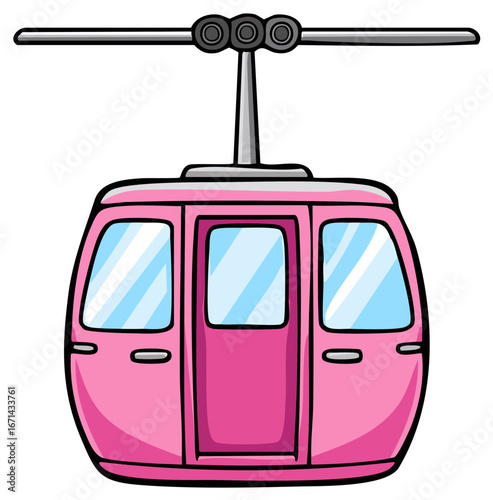 Pink cartoon aerial tramway cabin suspended on a cable