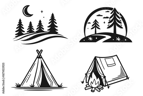 Camping Adventure Icons Night Forest and Campfire Scenes.