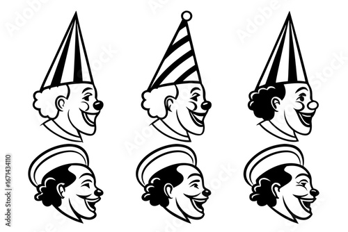 Cheerful Clown Faces in Profile with Party Hats.