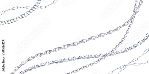 Elegant silver chains in a rectangular frame. Isolated watercolor illustration for the design of printed materials for Christmas sales, jewelry stores, postcard printing.