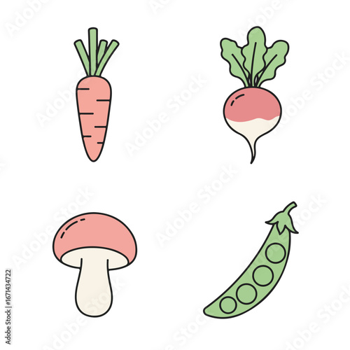 Cute vegetables carrot, beet, mushroom and peas