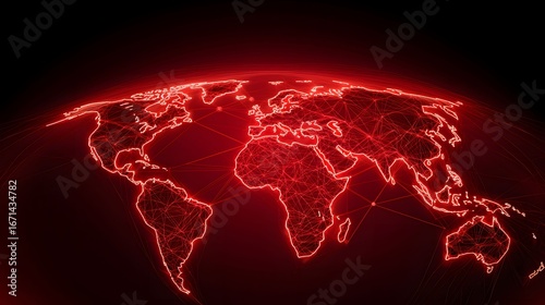 Fototapeta Naklejka Na Ścianę i Meble -  The image displays a red, glowing, geometric representation of a world map against a dark background, with connected lines highlighting continental boundaries.