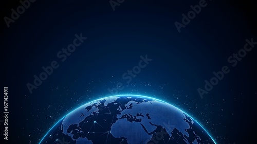 The image features a digital depiction of the Earth against a dark blue backdrop, with interconnected data points and glowing lines suggesting a global network.