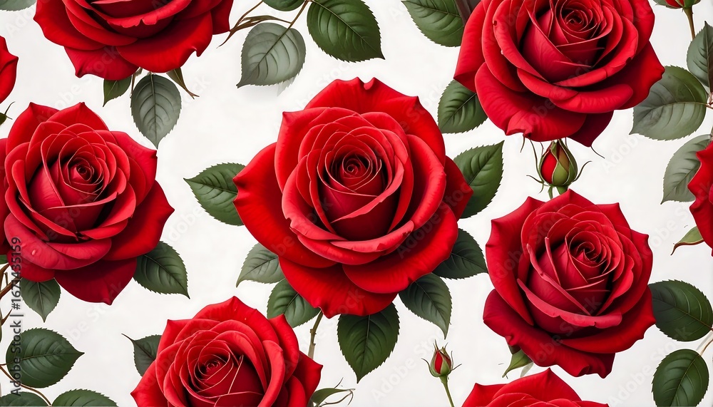 Fototapeta premium Seamless Pattern of Vibrant Red Roses with Green Leaves.