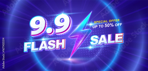 9.9 discount shopping Day flash sale promotion banner. Online shopping, discount campaign, limited time offers, special Offer coupon, voucher, banner template, websites, social media advertising.