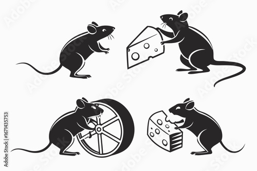 Four Silhouettes of Mice with Cheese and Wheel.