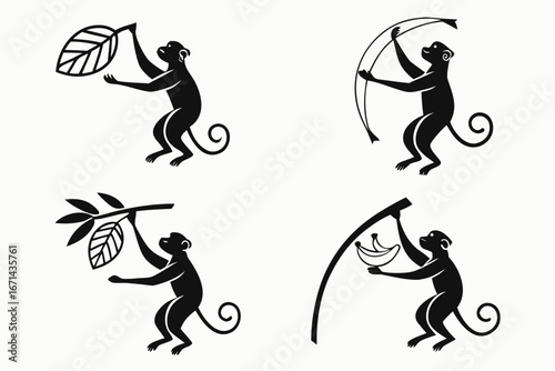 Four Stylized Black Monkey Silhouettes with Natural Elements.