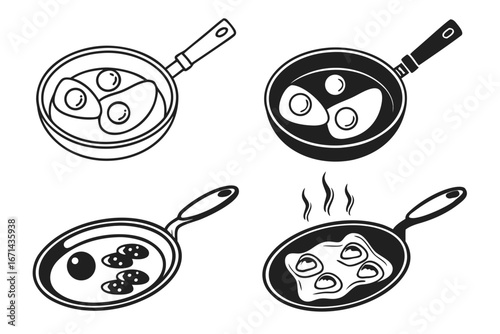 Fried Eggs and Sausages in Frying Pan Icons.