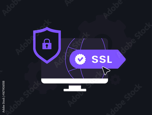 SSL security with Secure Sockets Layer protocol. HTTPS encryption, online privacy, web data protection, website security and safe internet connection for trusted browsing. Flat vector illustration