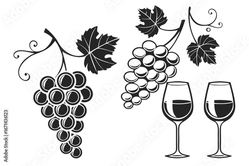 Grapes and Wine Glasses Silhouette.