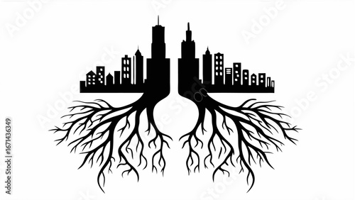 Silhouette of city skyline with tall buildings above a network of root like structures in black and white
