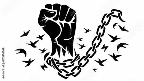 Raised fist breaking chains surrounded by flying birds symbolizing freedom and liberation concept art silhouette