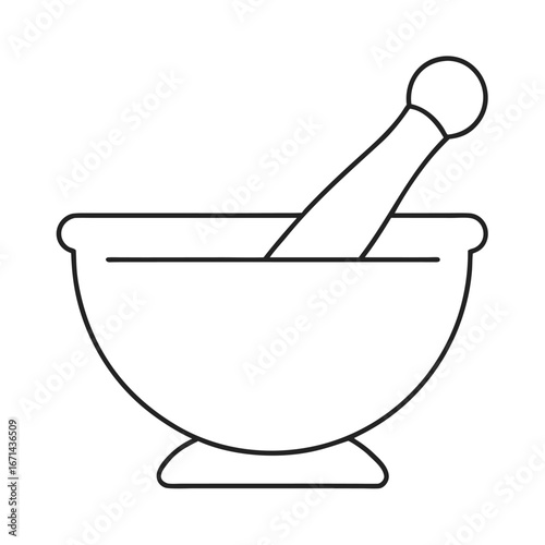 Medical mortar and pestle in continuous one line drawing vector isolated on white background