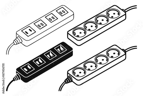 Multiple Electrical Power Strips with Different Sockets.