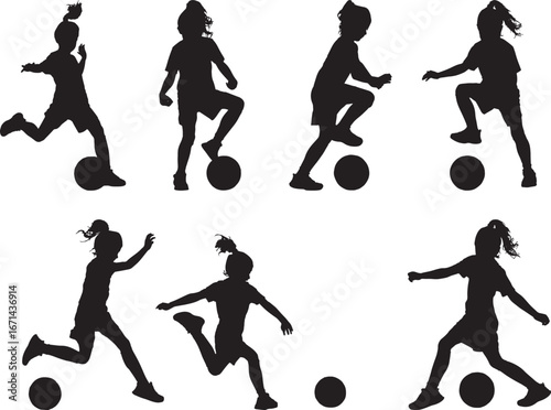 Soccer Player Silhouette, Girls Playing Football on White Background.